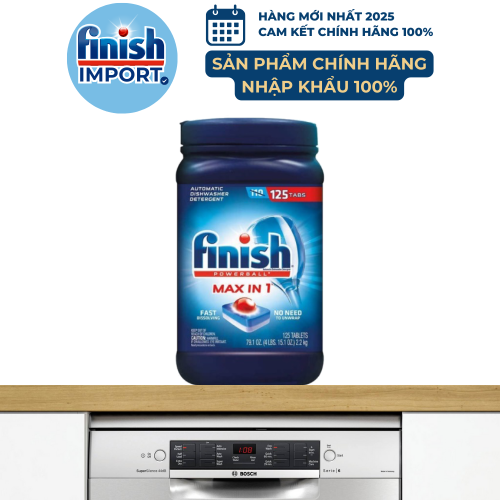 Hộp 125 viên Finish Max in 1 Ultimate, Wrapper Tab Powerball mới, 11 tính năng/viên, dùng cho máy rửa chén 10-13 bộ trở lên